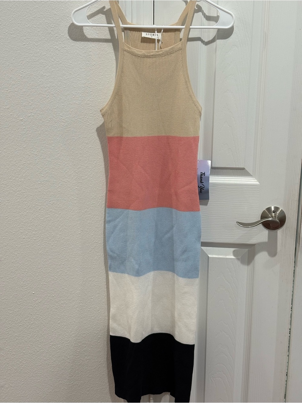 Storia Colorblock Ribbed Knit Tank Dress Medium Cream, Coral,Light Blue, Tan NWT